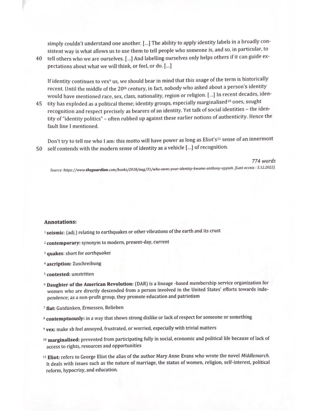 Your Name:
2nd Exam
Identity: Finding your place
(90 minutes)
December 6, 2022
Part A - Reading and Writing: "Can we choose our own identit
