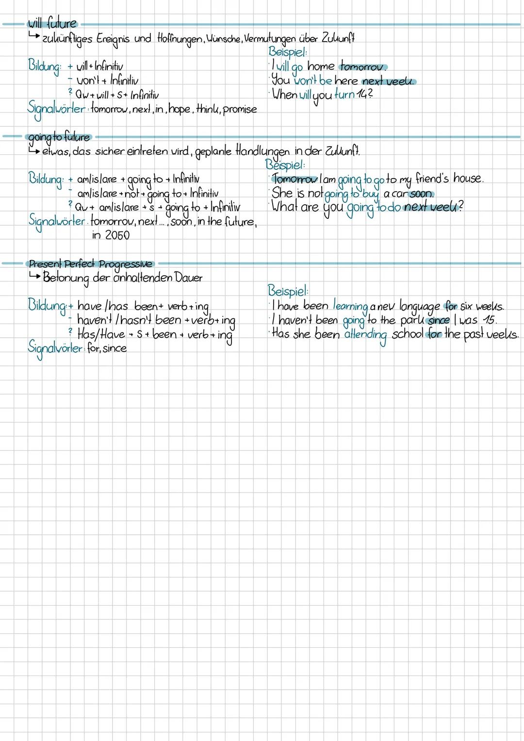 # Simple present
→ wird benutzt, um einen Zustand zu beschreiben oder wenn etwas regelmäßig geschieht
**Bildung:**
- Infinitiv
- don't/does
