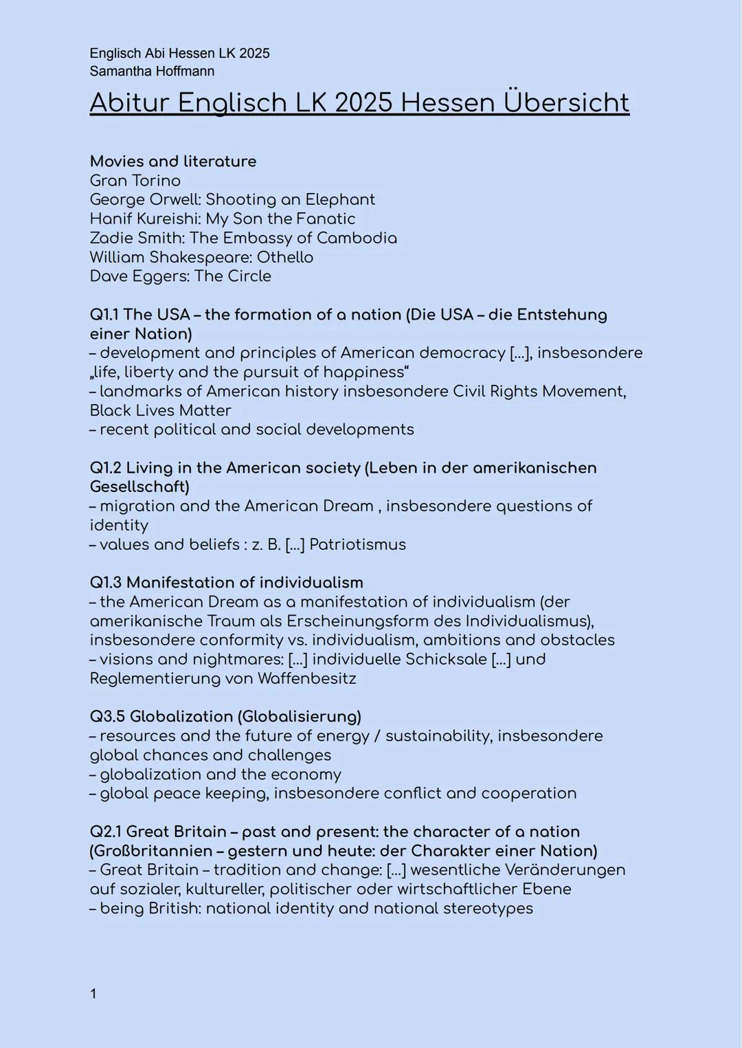 # Englisch Abi Hessen LK 2025
Samantha Hoffmann
# Abitur Englisch LK 2025 Hessen Übersicht
Movies and literature
Gran Torino
George Orwell