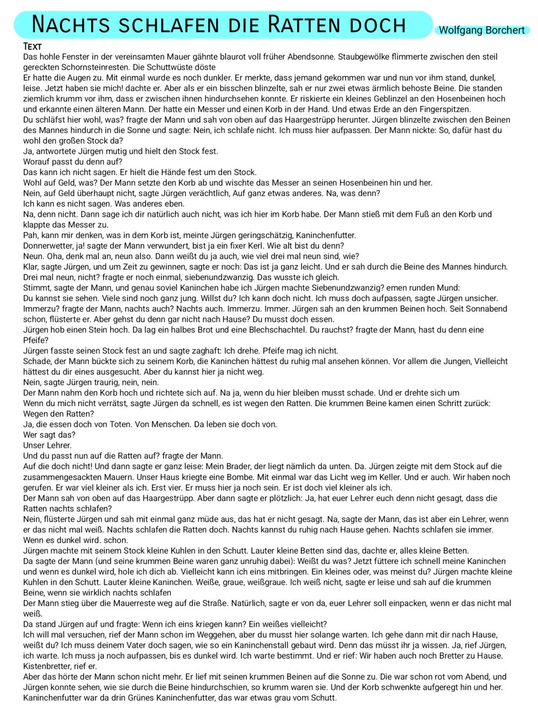 ## NACHTS SCHLAFEN DIE RATTEN DOCH
TEXT
Wolfgang Borchert
Das hohle Fenster in der vereinsamten Mauer gähnte blaurot voll früher Abendson