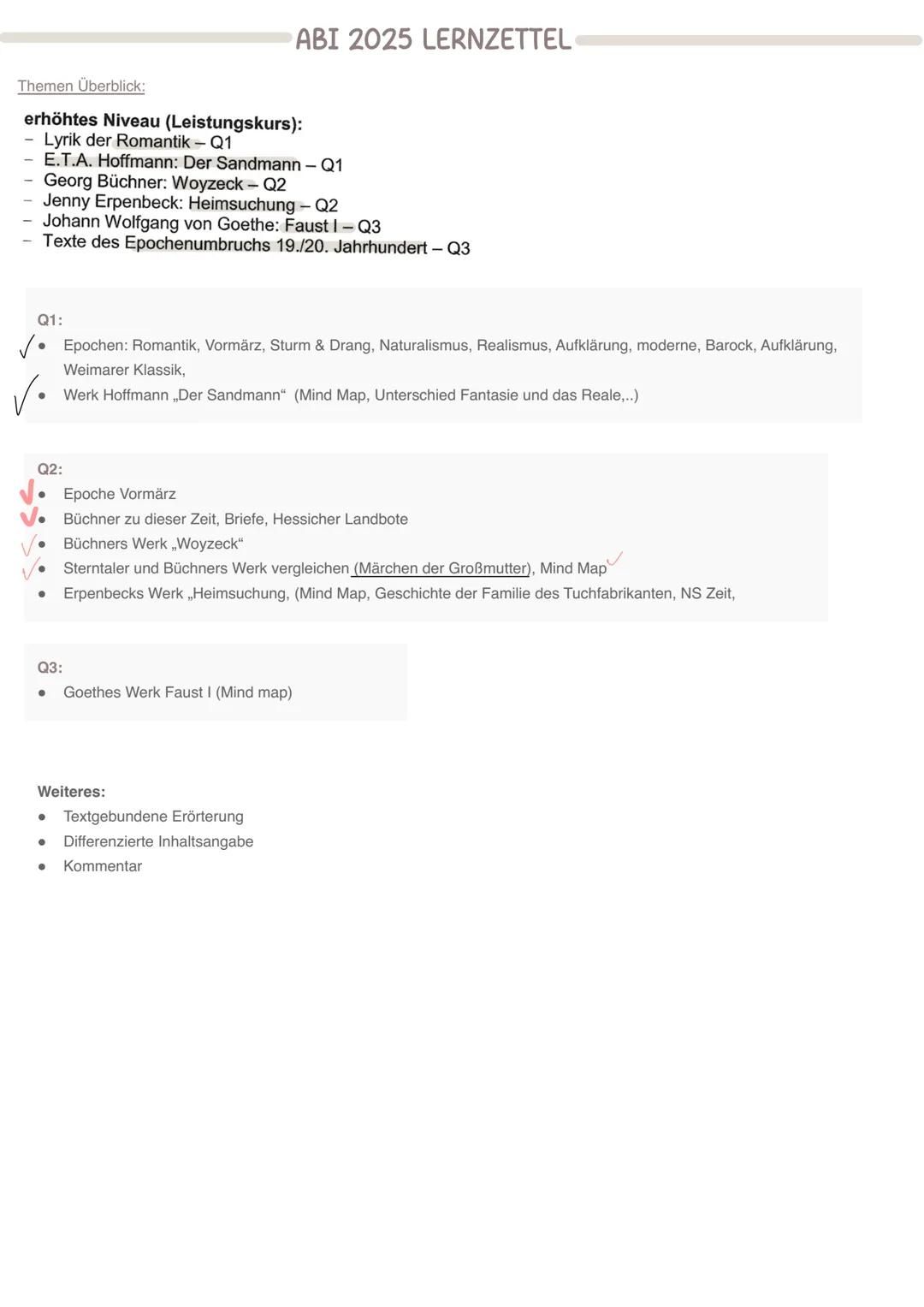 DEUTSCH Themen Überblick:
erhöhtes Niveau (Leistungskurs):
Lyrik der Romantik - Q1
ABI 2025 LERNZETTEL
E.T.A. Hoffmann: Der Sandmann - Q1
Ge