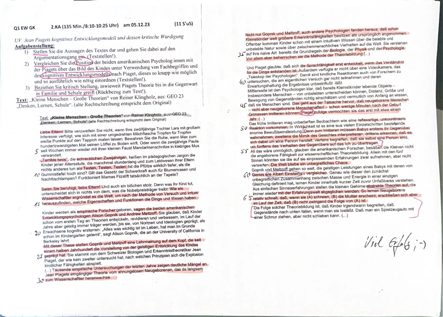 Q1 EW GK
2.KA (135 Min./8:10-10:25 Uhr) am 05.12.23
(11 S'us)
UV: Jean Piagets kognitives Entwicklungsmodell und dessen kritische Würdigung