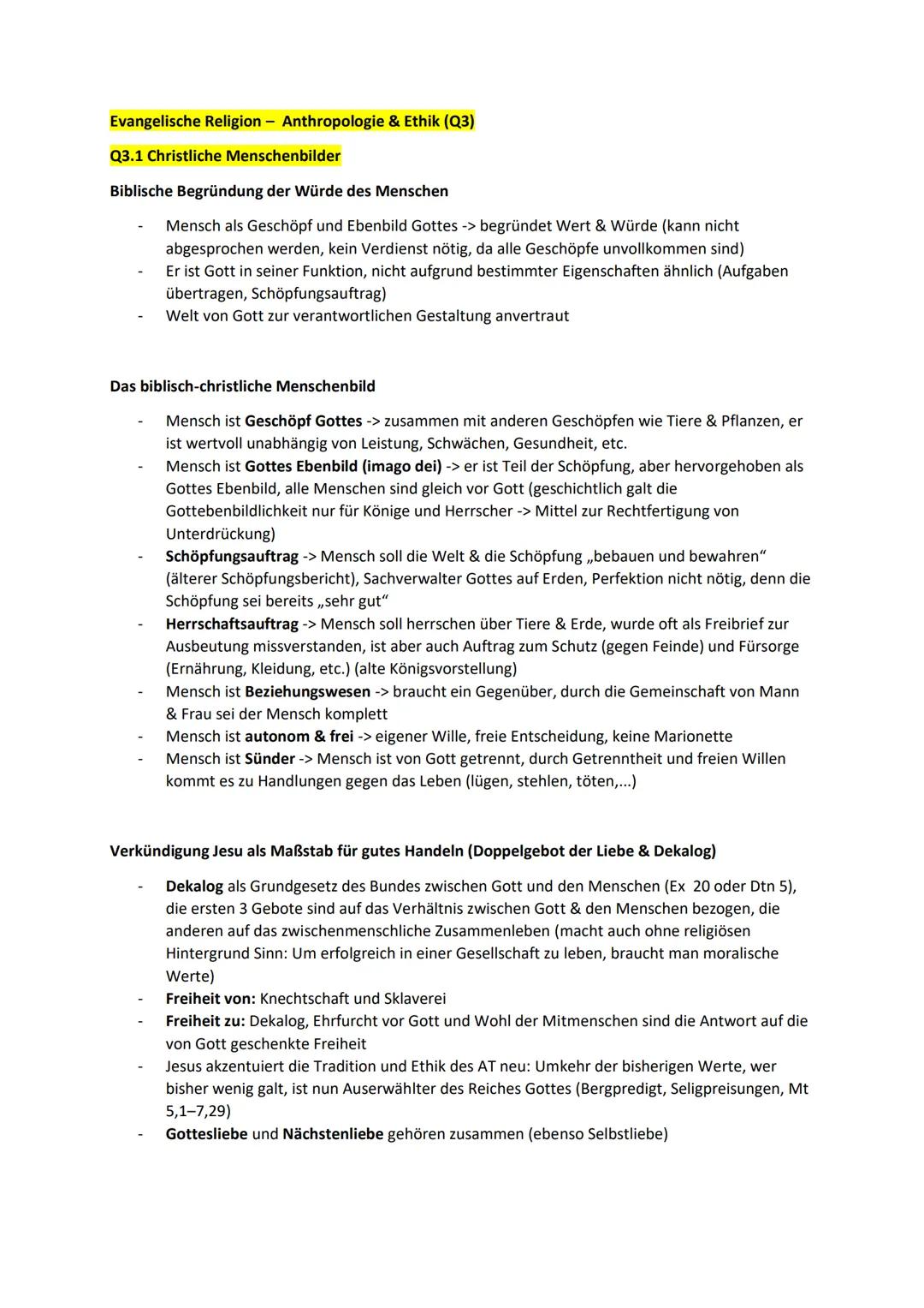 # Evangelische Religion – Anthropologie & Ethik (Q3)
## Q3.1 Christliche Menschenbilder
### Biblische Begründung der Würde des Menschen
-