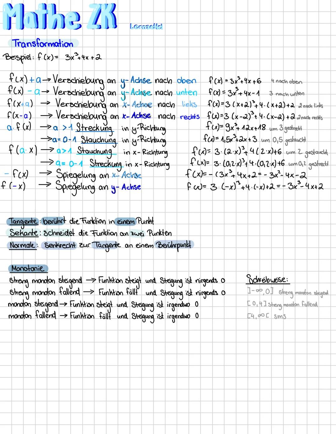 Mathe ZK
Funktionen und Analysis
Funktionen:
Potenz funktion: f(x) = ax^
$x^2$; $x^4$; $x^6$
←
→
$x^3$; $x^5$; $x^7$
Ganzrationale Funktione