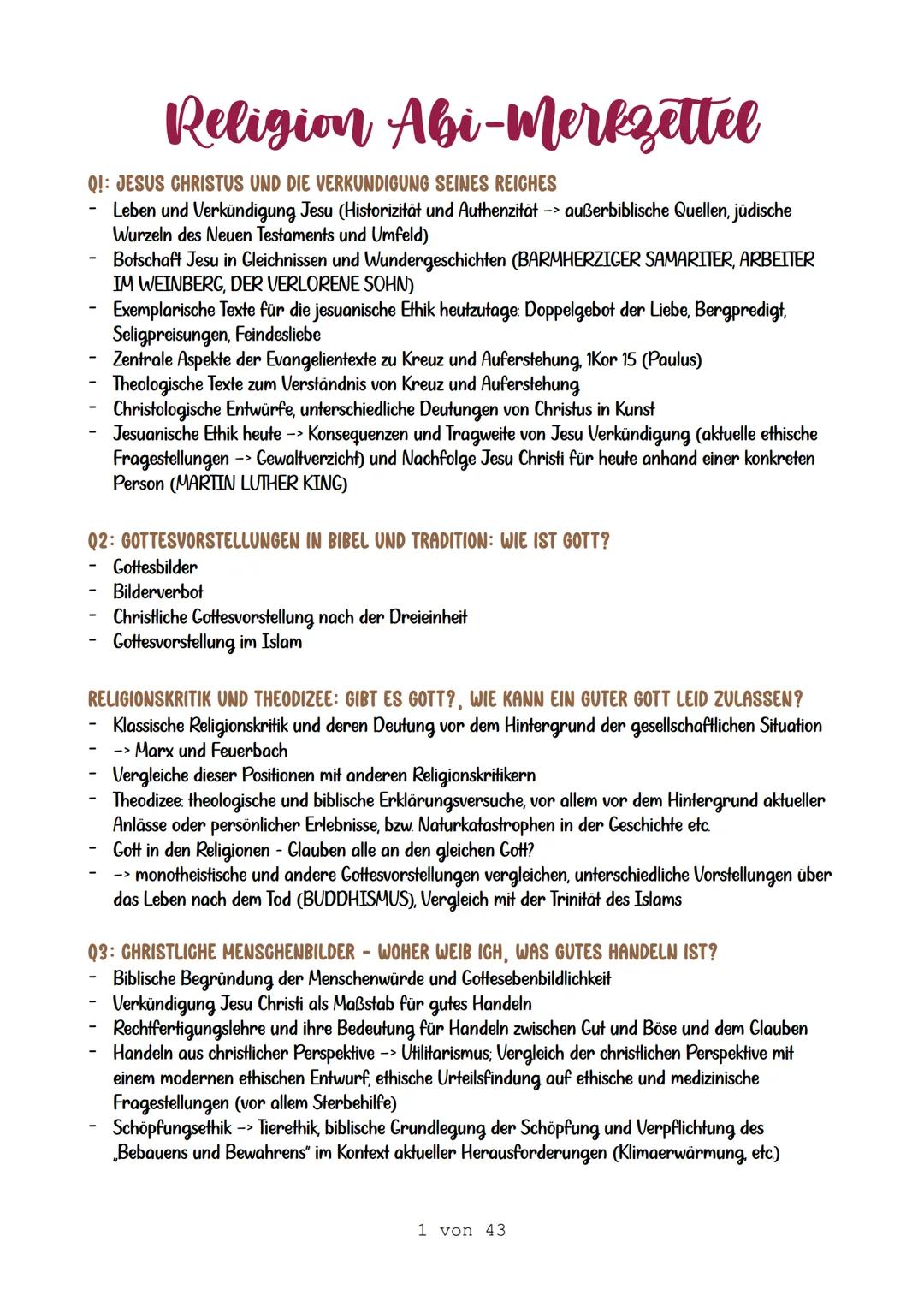 Evangelische Religion Abitur 2025 - Zusammenfassung und Merkzettel