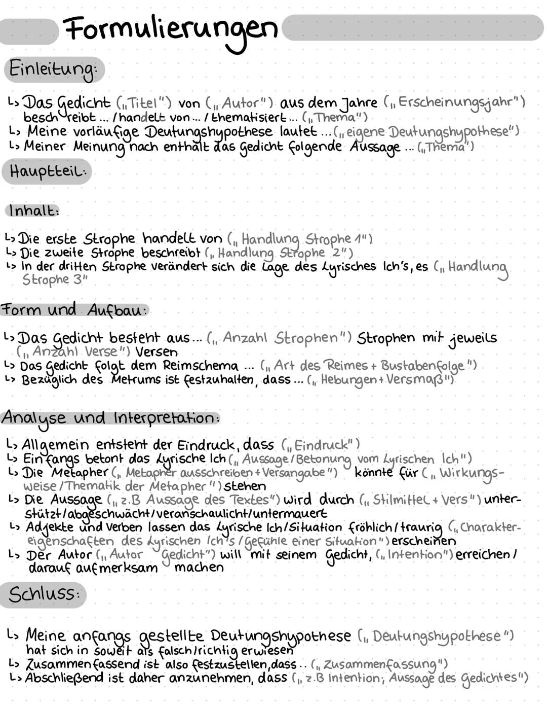 Formulierungen Gedichtsanalyse
