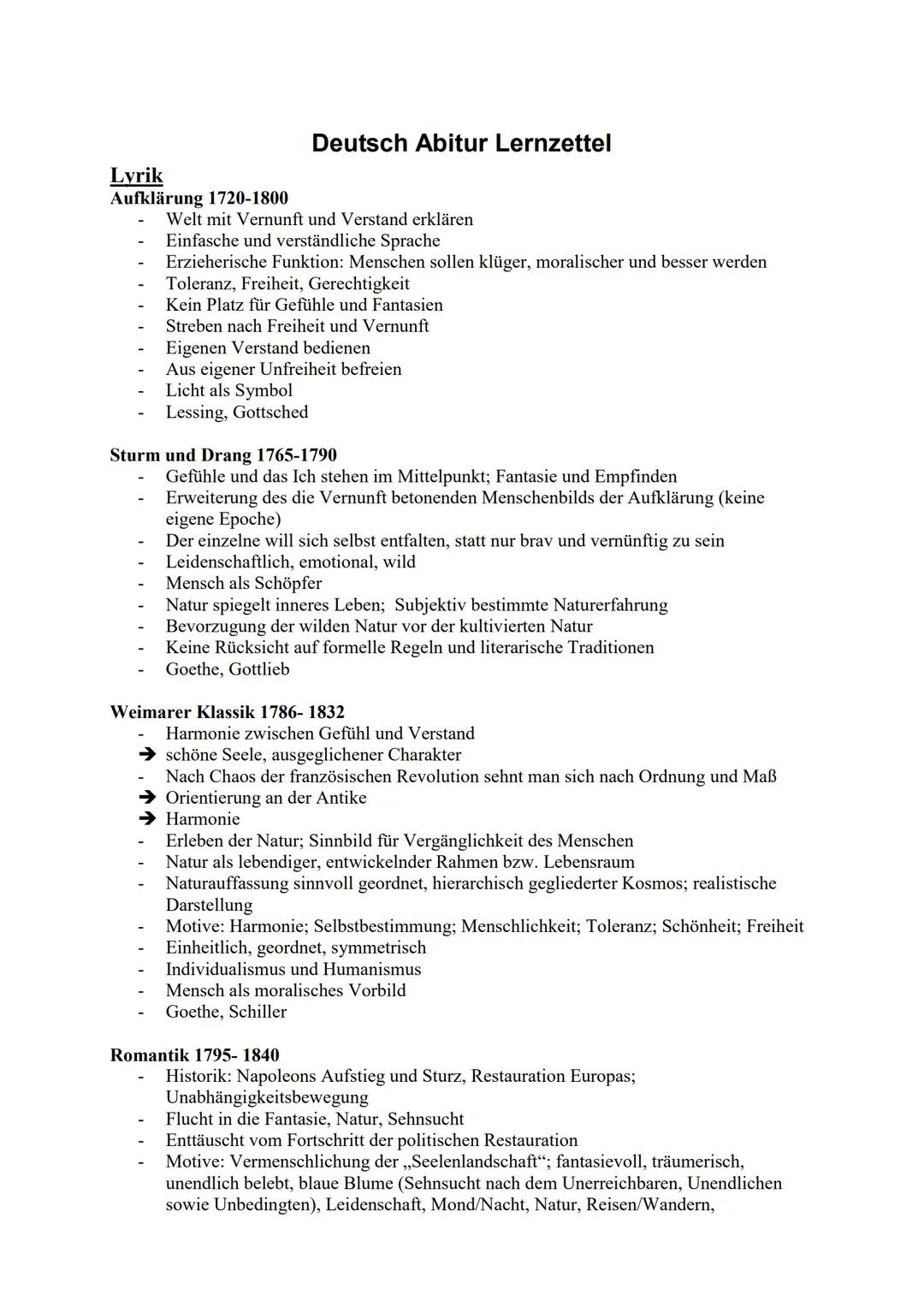 Deutsch Abitur Lernzettel
Lyrik
Aufklärung 1720-1800
- Welt mit Vernunft und Verstand erklären
- Einfache und verständliche Sprache
- Erzieh