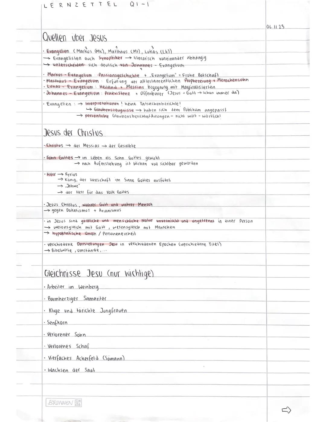 LERNZETTEL
Q1-1
06.11.23
Quellen uber Jesus
Evangelien (Markus (MK), Matthaus (MI), Lukas (Lk))
→ Evangelisten auch Synoptiker → literarisc