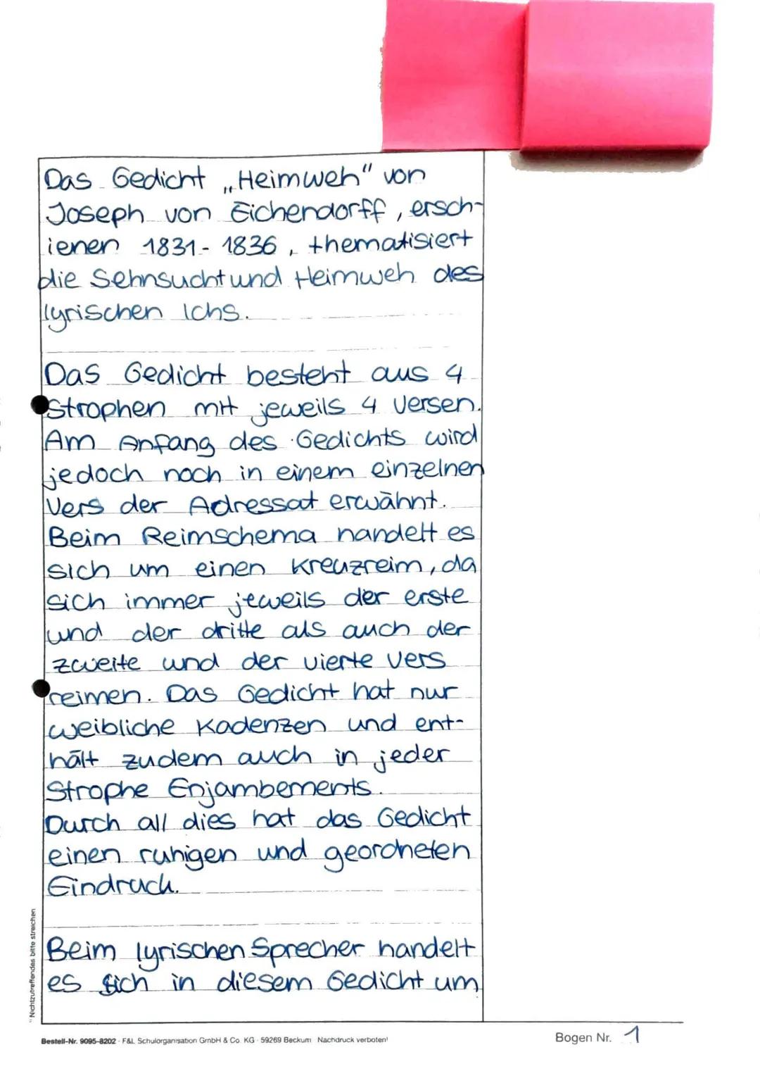 Das Gedicht "Heimweh" von Joseph von Eichendorff , erschienen 1831- 1836 , thematisiert die Sehnsucht und Heimweh des lyrischen Ichs.
Das G