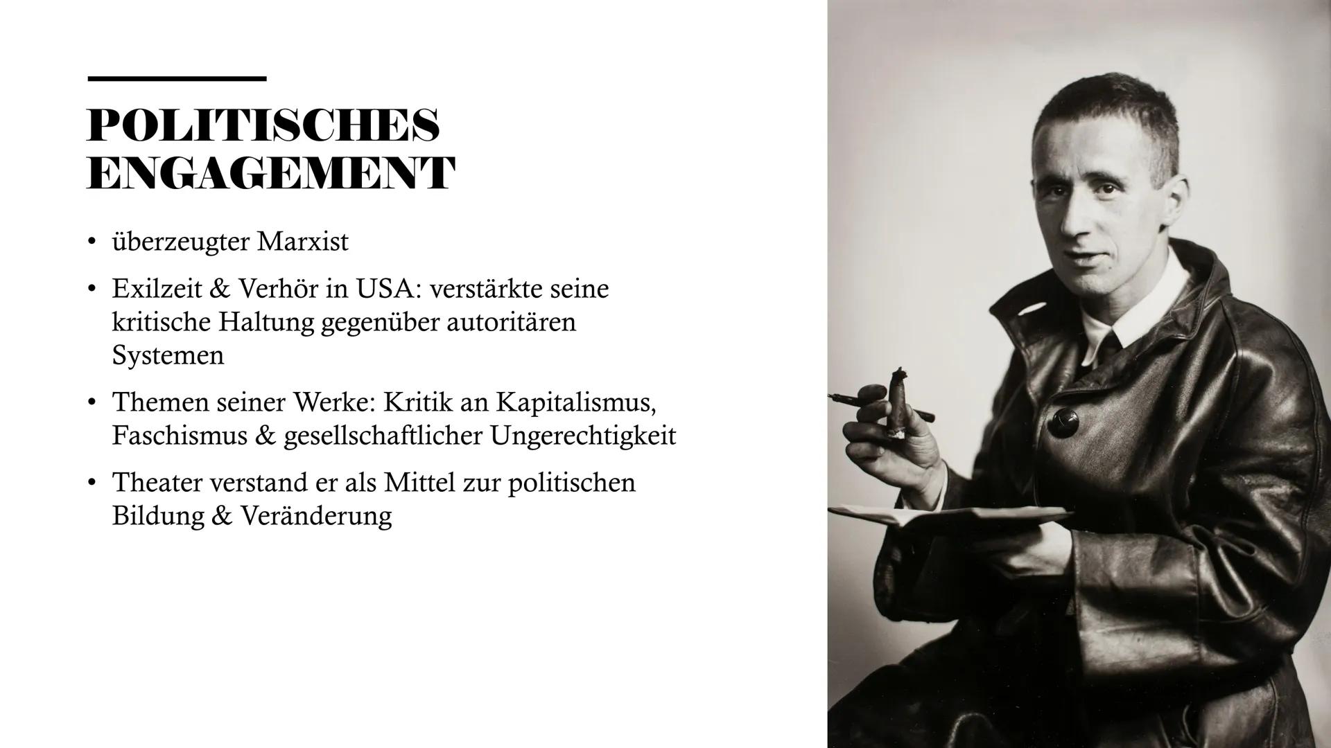 # BERTOLT
# BRECHT
Präsentation von Annika # INHALTSVERZEICHNIS
* Einleitung
* Biografie
* Werke
* Politisches Engagement
* Fazit
* Quelle