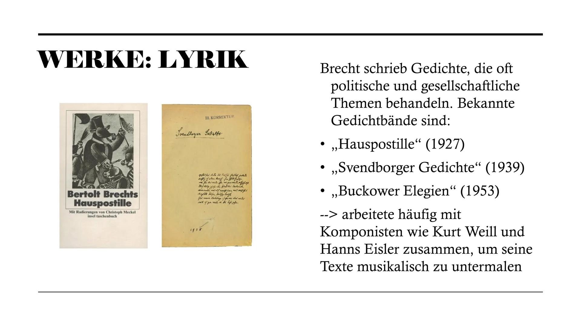 # BERTOLT
# BRECHT
Präsentation von Annika # INHALTSVERZEICHNIS
* Einleitung
* Biografie
* Werke
* Politisches Engagement
* Fazit
* Quelle