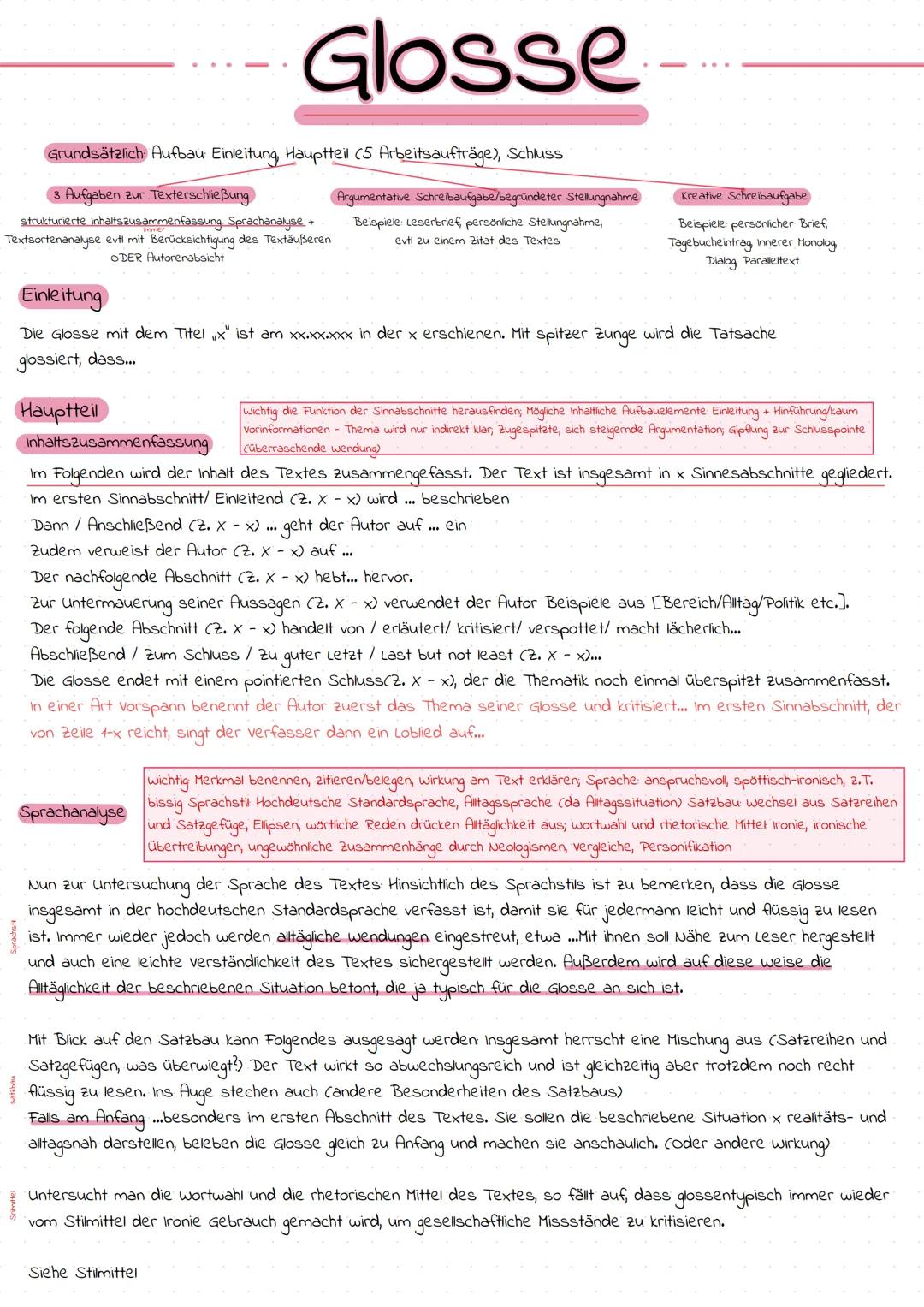 Glosse
Grundsätzlich Aufbau Einleitung, Hauptteil (5 Arbeitsaufträge), Schluss
3 Aufgaben zur Texterschließung
strukturierte inhaltszusammen