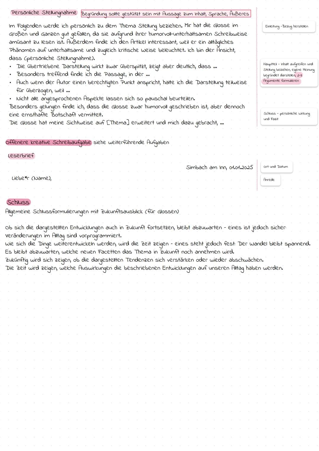 Glosse
Grundsätzlich Aufbau Einleitung, Hauptteil (5 Arbeitsaufträge), Schluss
3 Aufgaben zur Texterschließung
strukturierte inhaltszusammen