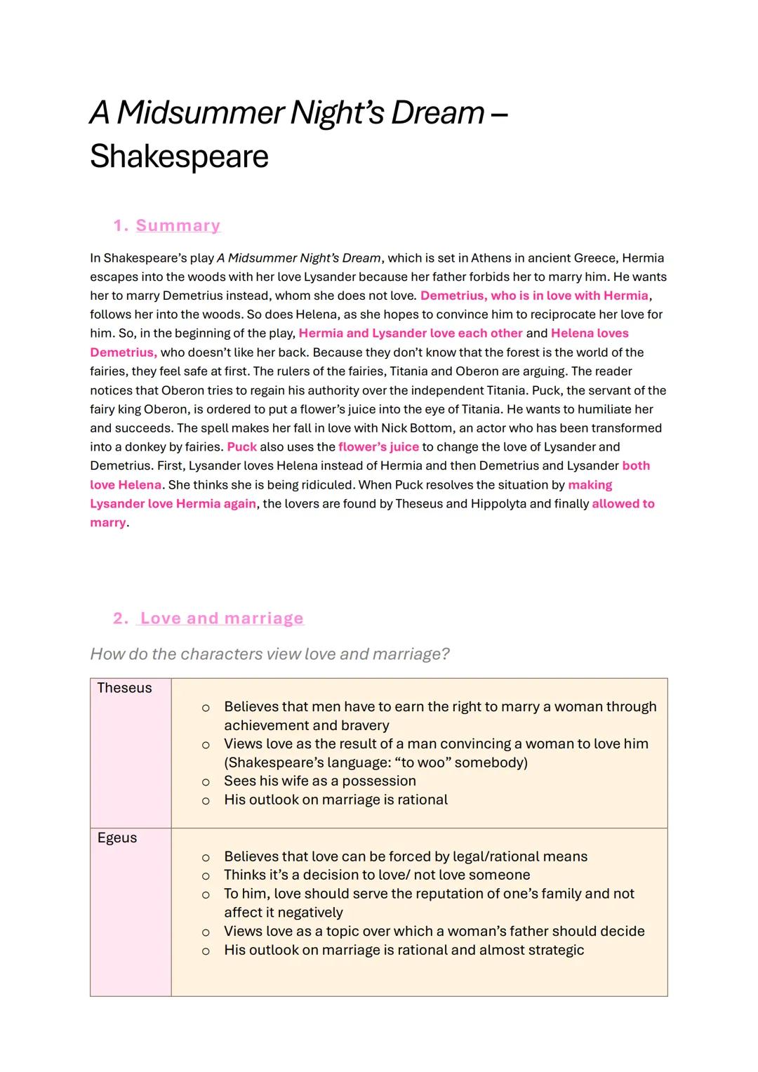 A Midsummer Night's Dream -
Shakespeare
1. Summary
In Shakespeare's play A Midsummer Night's Dream, which is set in Athens in ancient Greece