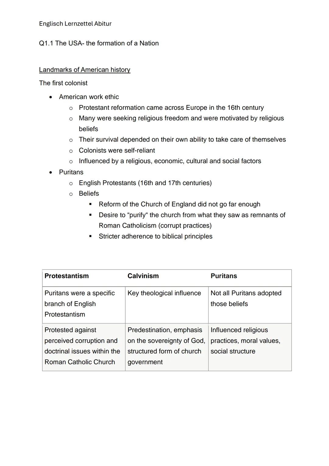 Englisch Lernzettel Abitur
Q1.1 The USA- the formation of a Nation
Landmarks of American history
The first colonist
- American work ethic