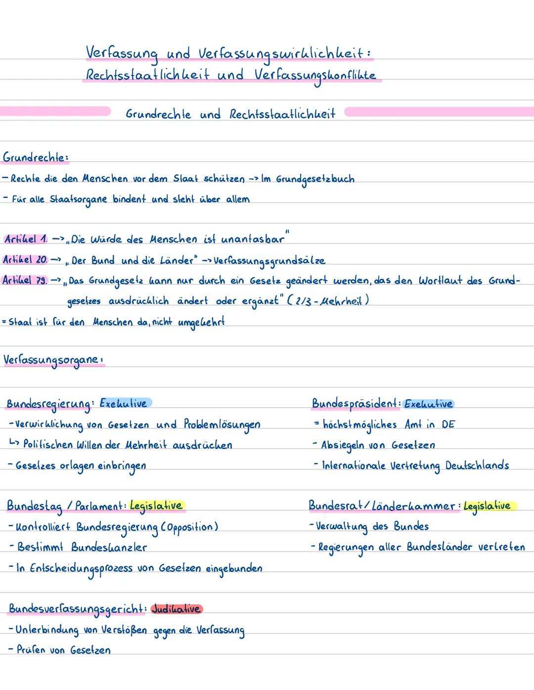 Verfassung und Verfassungswirklichkeit:
Rechtsstaatlichkeit und Verfassungskonflikte
Grundrechte und Rechtsstaatlichkeit
Grundrechte:
- Rech