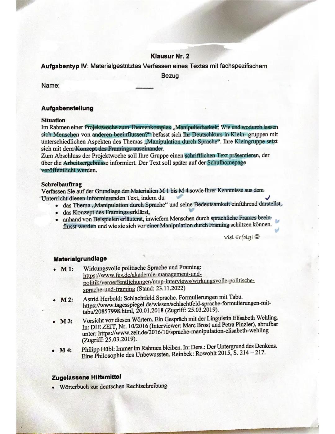 Materialgestütztes Schreiben Klausur