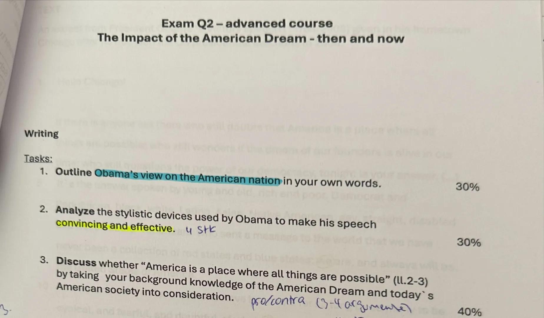 Exam Q2 - advanced course
The Impact of the American Dream - then and now
Writing
Tasks:
1. Outline Obama's view on the American nation in