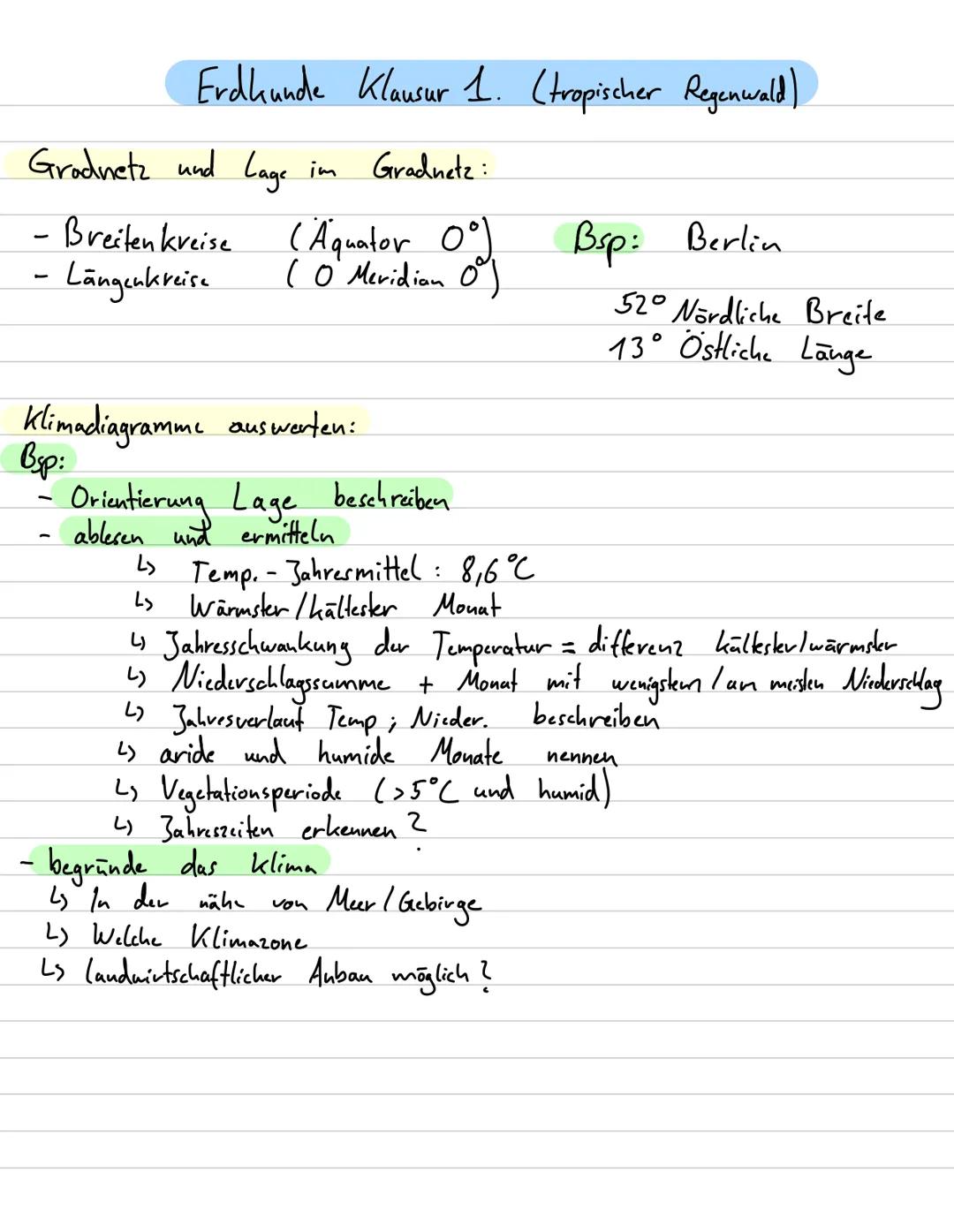 # Erdkunde Klausur 1. (tropischer Regenwald)
## Gradnetz und Lage im Gradnetz:
- Breitenkreise (Äquator 0°)
- Längenkreise (0 Meridian 0