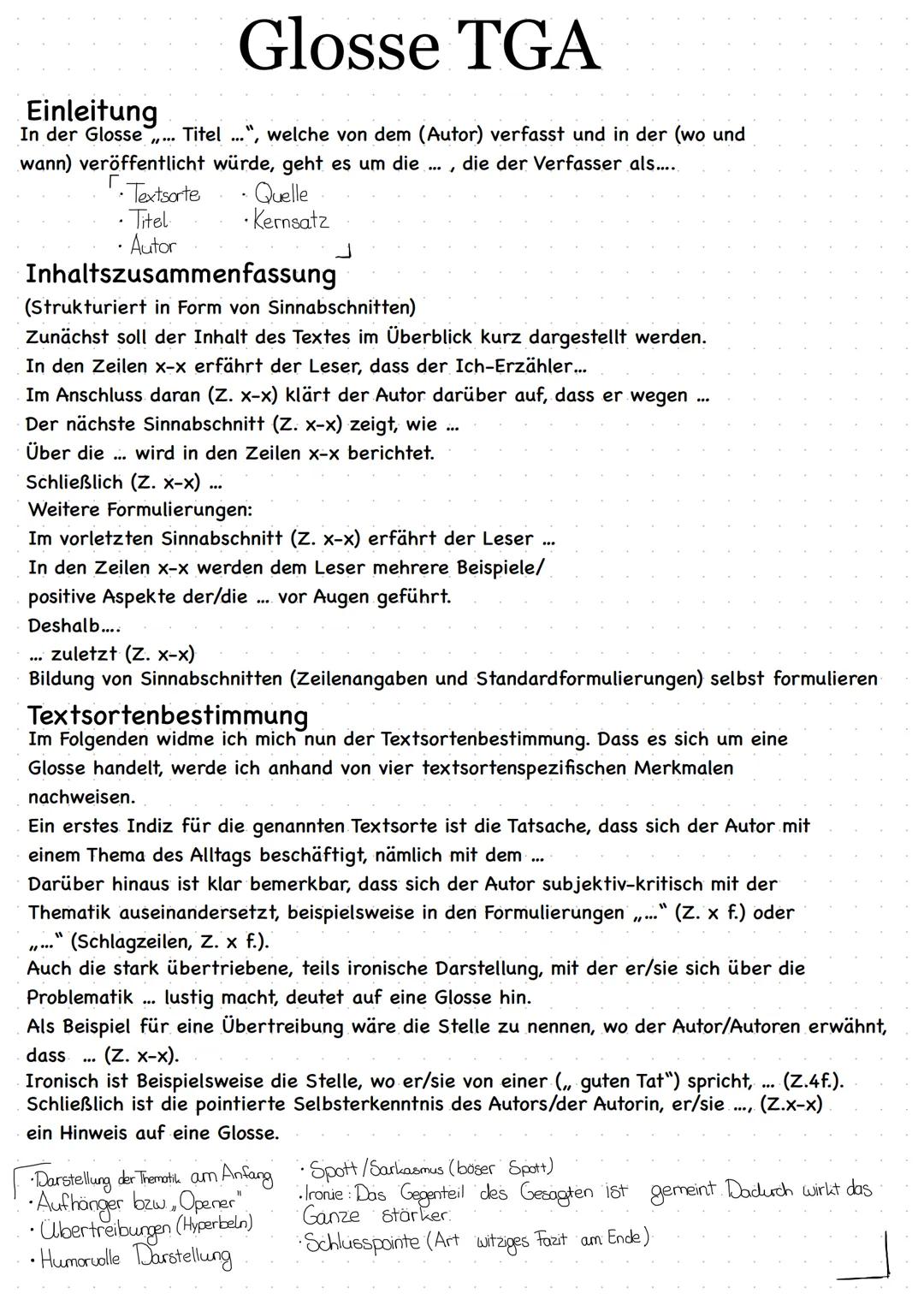 # Glosse TGA
## Einleitung
In der Glosse ",,, Titel ",,, welche von dem (Autor) verfasst und in der (wo und wann) veröffentlicht würde, geh