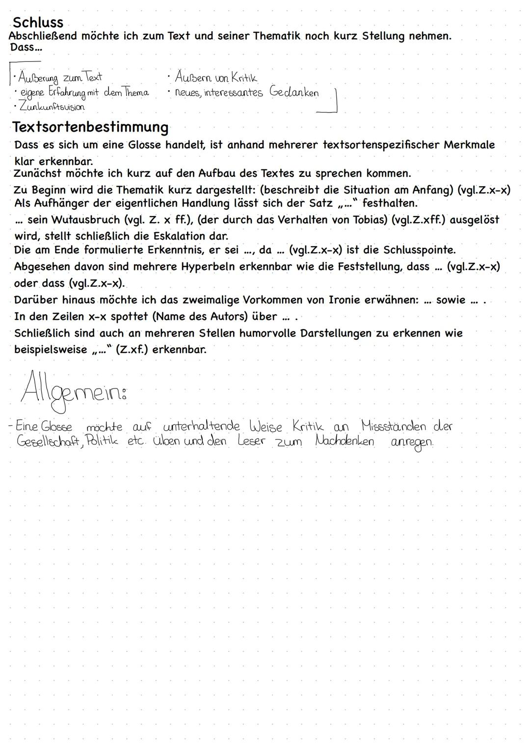 # Glosse TGA
## Einleitung
In der Glosse ",,, Titel ",,, welche von dem (Autor) verfasst und in der (wo und wann) veröffentlicht würde, geh