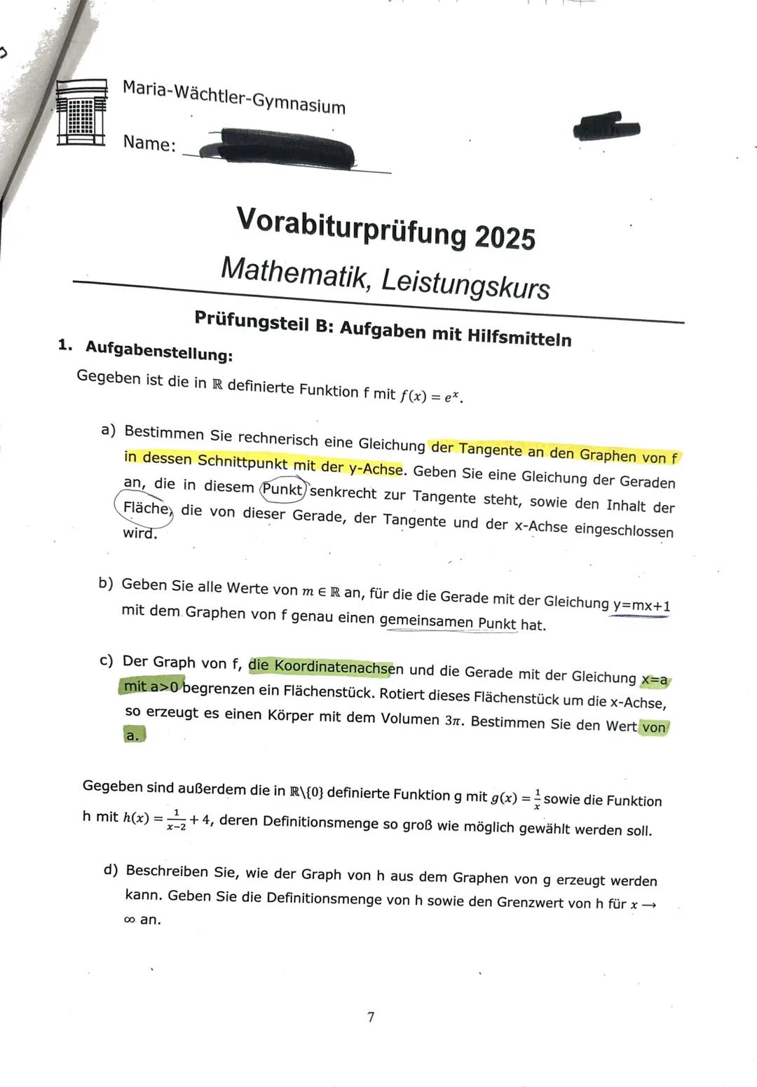 Name:
Vorabiturprüfung 2025
Mathematik, Leistungskurs
Organisatorische Vorgaben:
Hilfsmittelfreier Teil: (110 Minuten)
• 4 Pflichtaufgaben
•