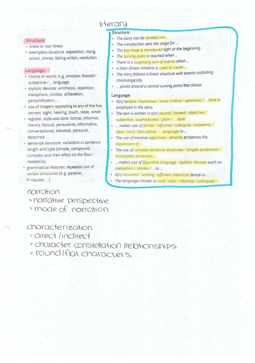 # Literary
## Structure:
* The story can be divided into ...
* The introduction sets the stage for ...
* The key issue is introduced right