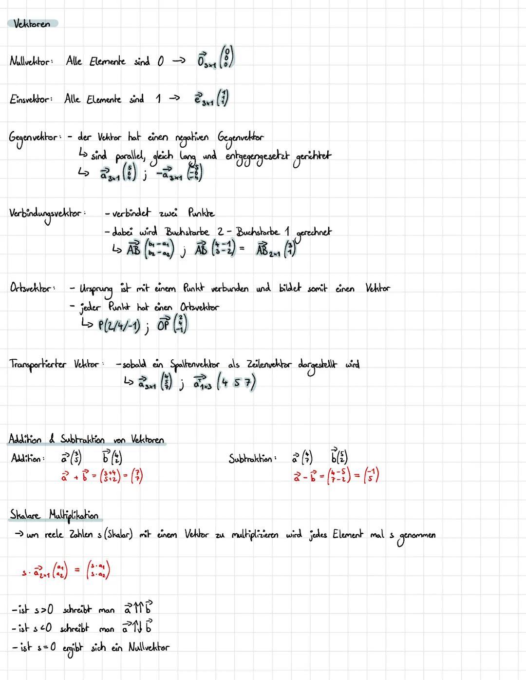 Vektoren
Nallvektor: Alle Elemente sind 0 $\rightarrow \vec{0}_{3x1} \begin{pmatrix} 0 \ 0 \ 0 \end{pmatrix}$
Einsvektor: Alle Elemente sin