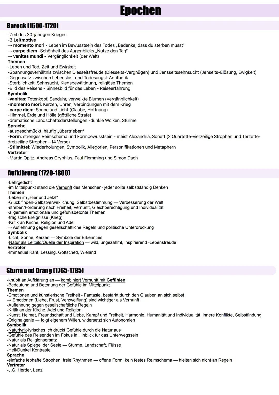 Epochen
Barock (1600-1720)
-Zeit des 30-jährigen Krieges
-3 Leitmotive
-momento mori - Leben im Bewusstsein des Todes „Bedenke, dass du ster