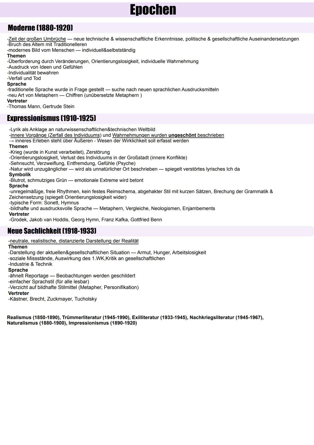 Epochen
Barock (1600-1720)
-Zeit des 30-jährigen Krieges
-3 Leitmotive
-momento mori - Leben im Bewusstsein des Todes „Bedenke, dass du ster