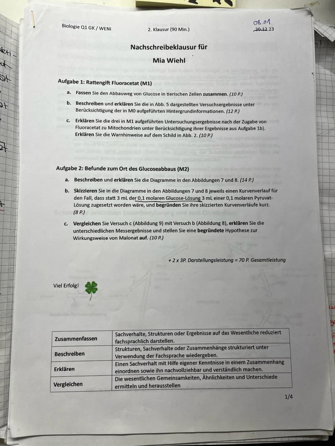 Stoffwechselphysiologie Klausur + Erwartungshorizont Biologie Q1.1