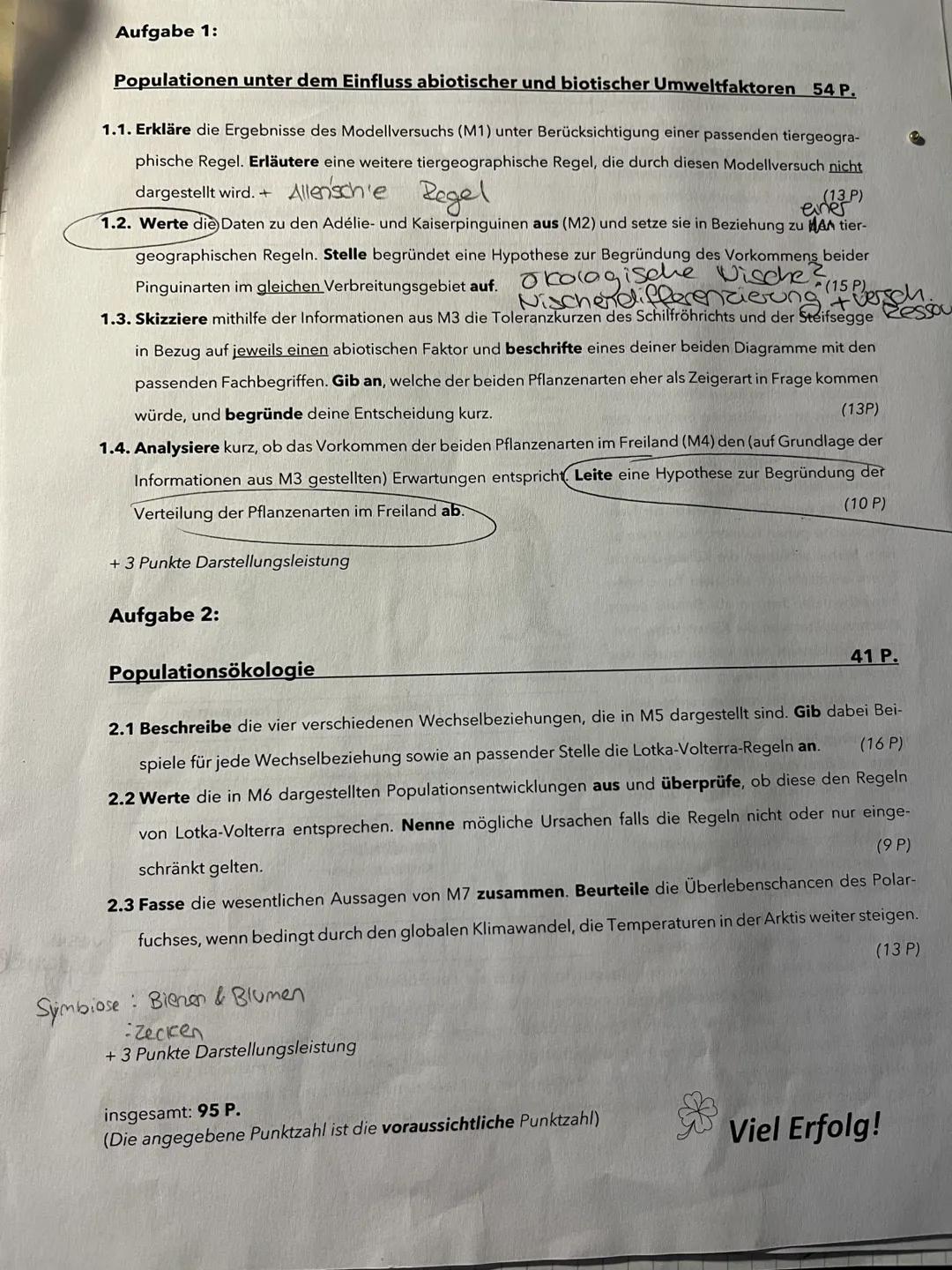 Aufgabe 1:
Populationen unter dem Einfluss abiotischer und biotischer Umweltfaktoren 54 P.
1.1. Erkläre die Ergebnisse des Modellversuchs (M