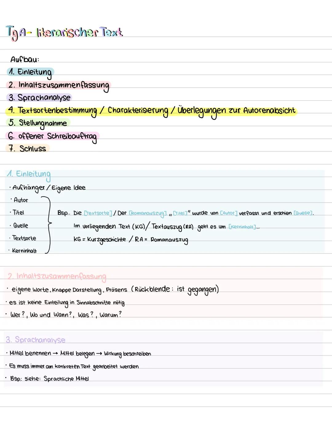 # Tga - Literarischer Text
Aufbau:
1. Einleitung
2. Inhaltszusammenfassung
3. Sprachanalyse
4. Textsortenbestimmung / Charakterisierung /