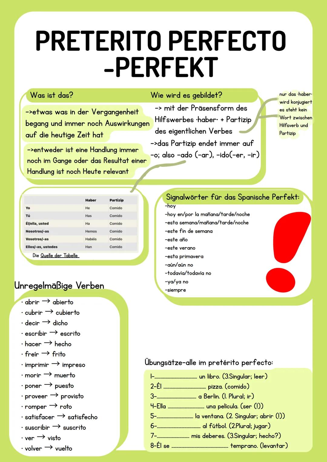 PRETERITO PERFECTO
Was ist das?
-PERFEKT
->etwas was in der Vergangenheit
begang und immer noch Auswirkungen
auf die heutige Zeit hat
->entw