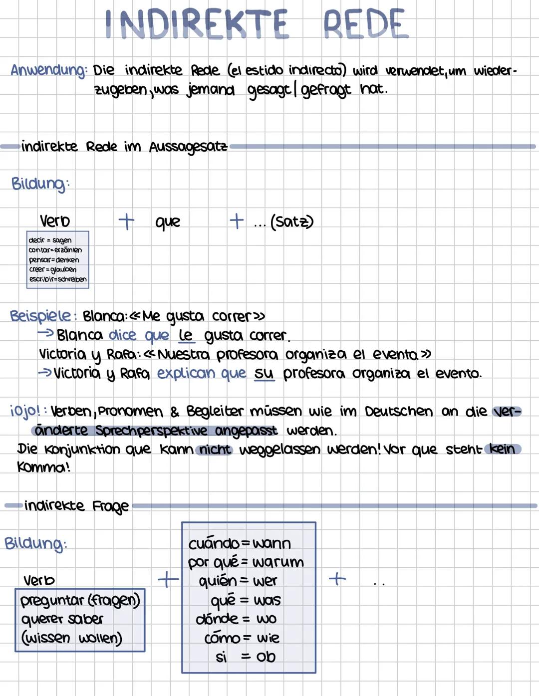 INDIREKTE REDE
Anwendung: Die indirekte Rede (el estido indirecto) wird verwendet, um wieder-
zugeben, was jemand gesagt/gefragt hat.
indire