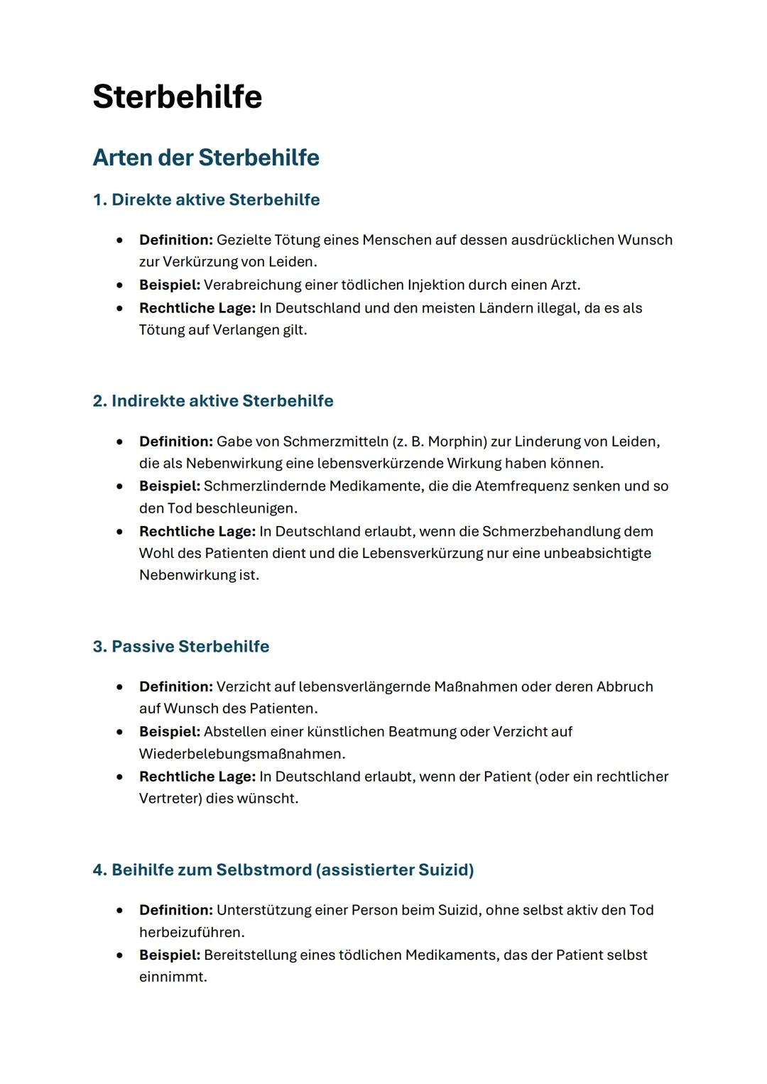 Sterbehilfe
Arten der Sterbehilfe
1. Direkte aktive Sterbehilfe
* Definition: Gezielte Tötung eines Menschen auf dessen ausdrücklichen Wunsc
