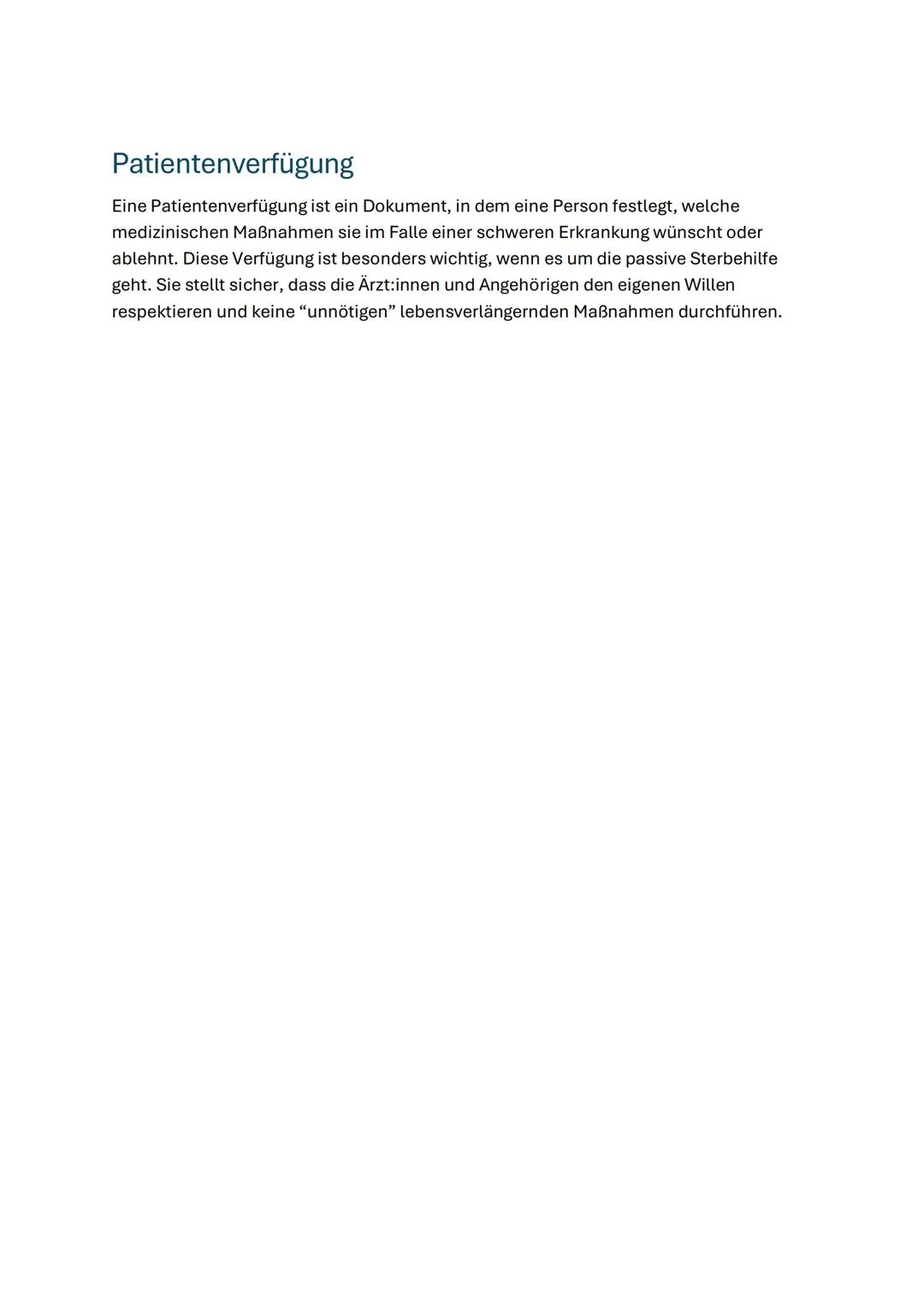 Sterbehilfe
Arten der Sterbehilfe
1. Direkte aktive Sterbehilfe
* Definition: Gezielte Tötung eines Menschen auf dessen ausdrücklichen Wunsc