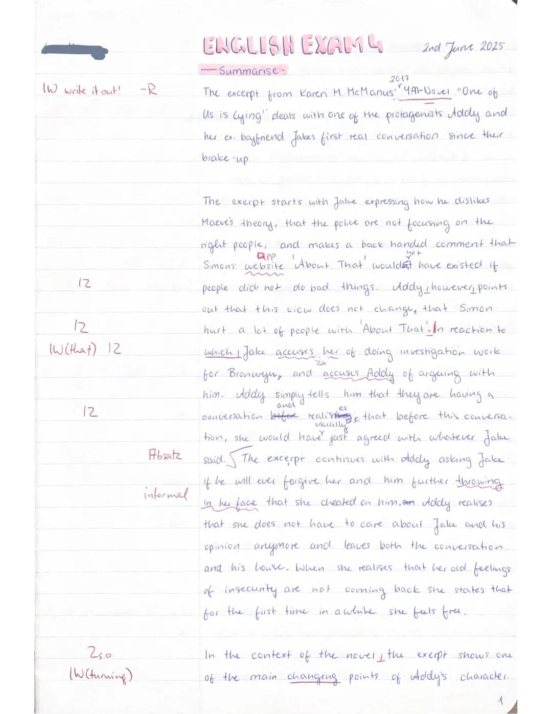 English EF /
Name:
Exam No. 4
2nd June 2025
Part A (Reading & Writing)
Topic: Novel - One of Us Is Lying
Assignments:
Round character!
1. Su