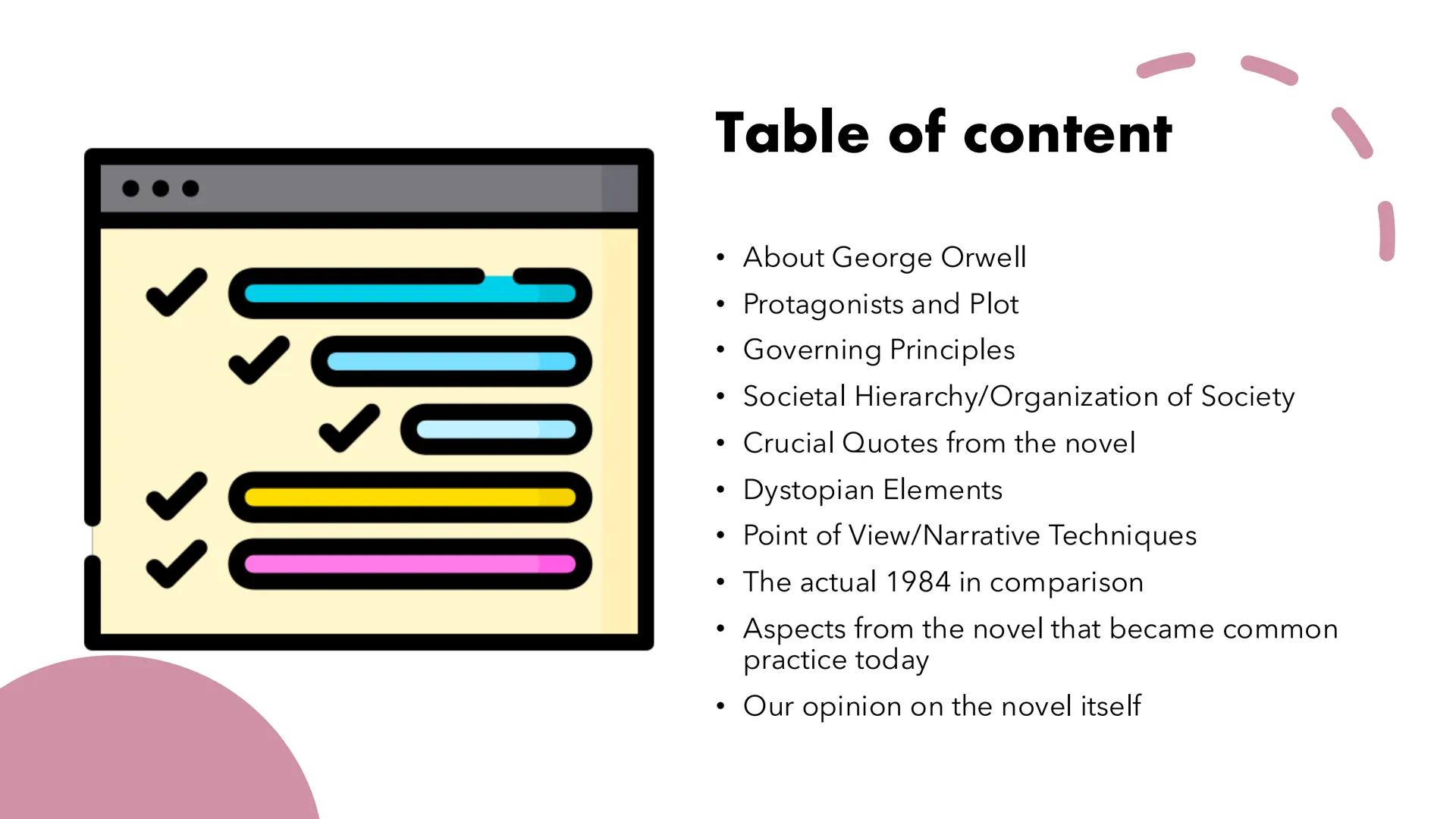 George
Orwell's 1984 Table of content
• About George Orwell
• Protagonists and Plot
• Governing Principles
• Societal Hierarchy/Organization