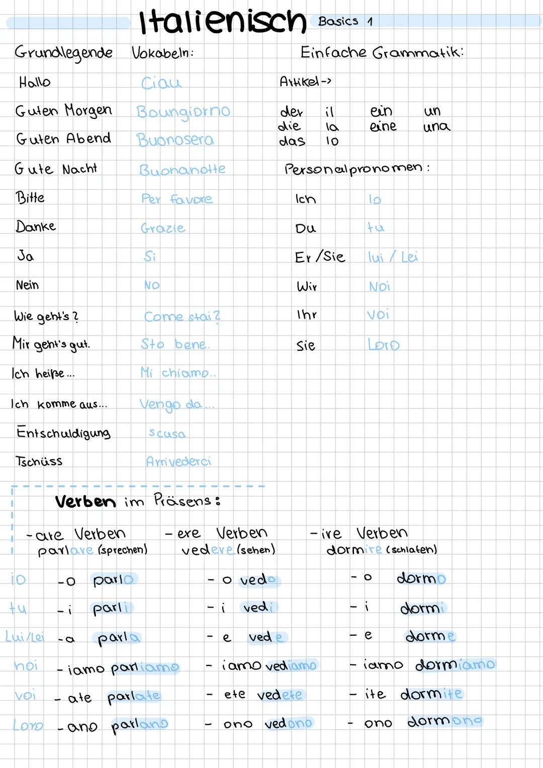 # Italienisch
Basics 1
## Grundlegende Vokabeln:
Hallo | Ciao
Guten Morgen |Buongiorno
Guten Abend | Buonasera
Gute Nacht | Buonanotte
Bi