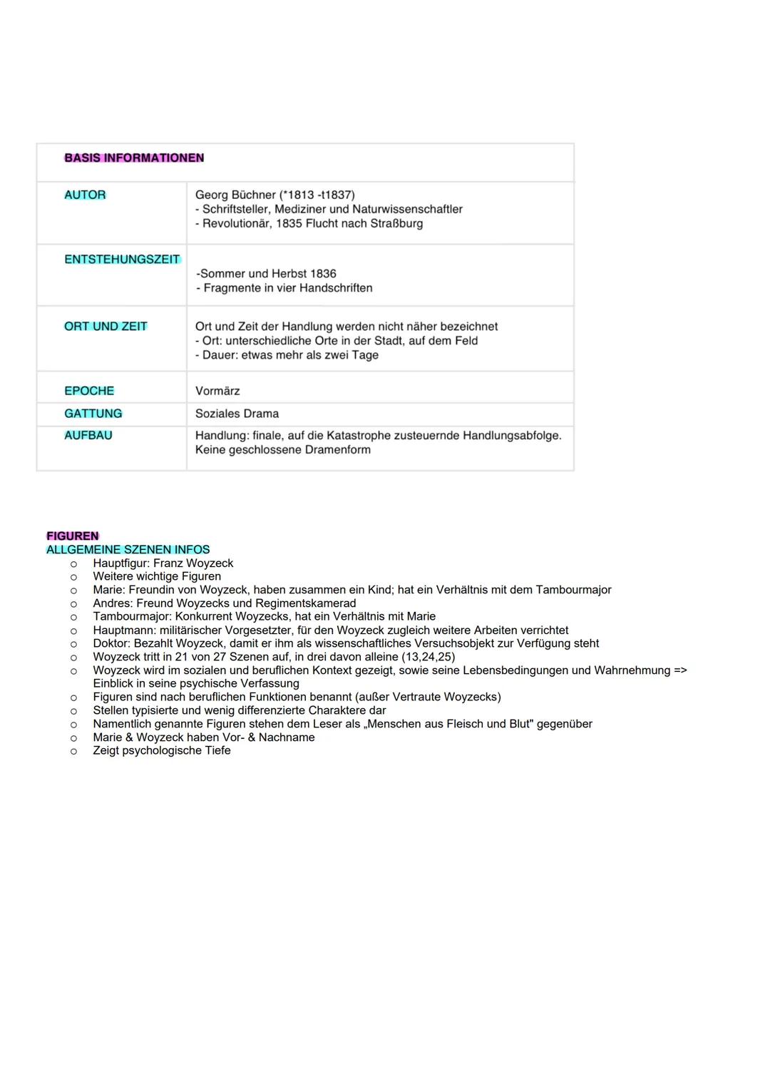 Woyzeck-Inhalt und Aufbau
Szene
1
Freies Feld
2
3
Jahrmarkt
5
Figuren
Woyzeck, Andres
Marie, Margreth,
Woyzeck
Woyzeck, Marie,
Tambourmajor,