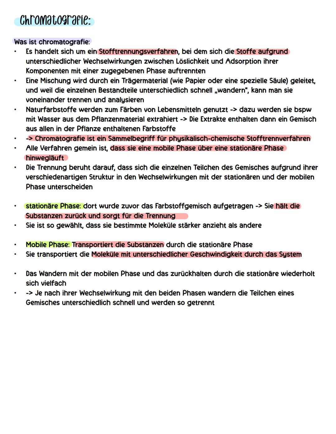 Chromatographie Chromatografie:
Was ist chromatografie:
Es handelt sich um ein Stofftrennungsverfahren, bei dem sich die Stoffe aufgrund
unt