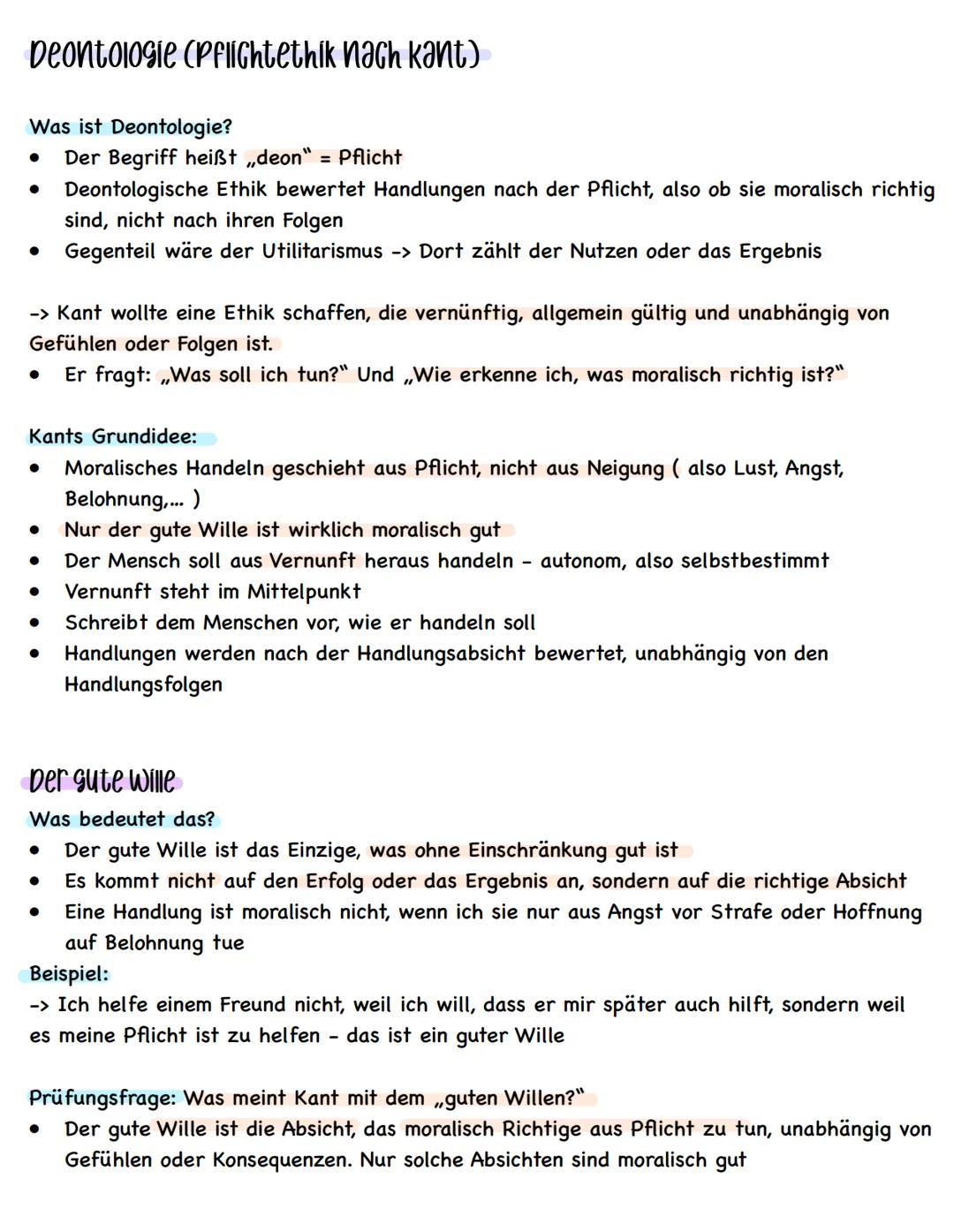 Immanuel Kant Deontologie (pflichtethik Nach kant)
Was ist Deontologie?
•
•
Der Begriff heißt „deon" = Pflicht
Deontologische Ethik bewertet