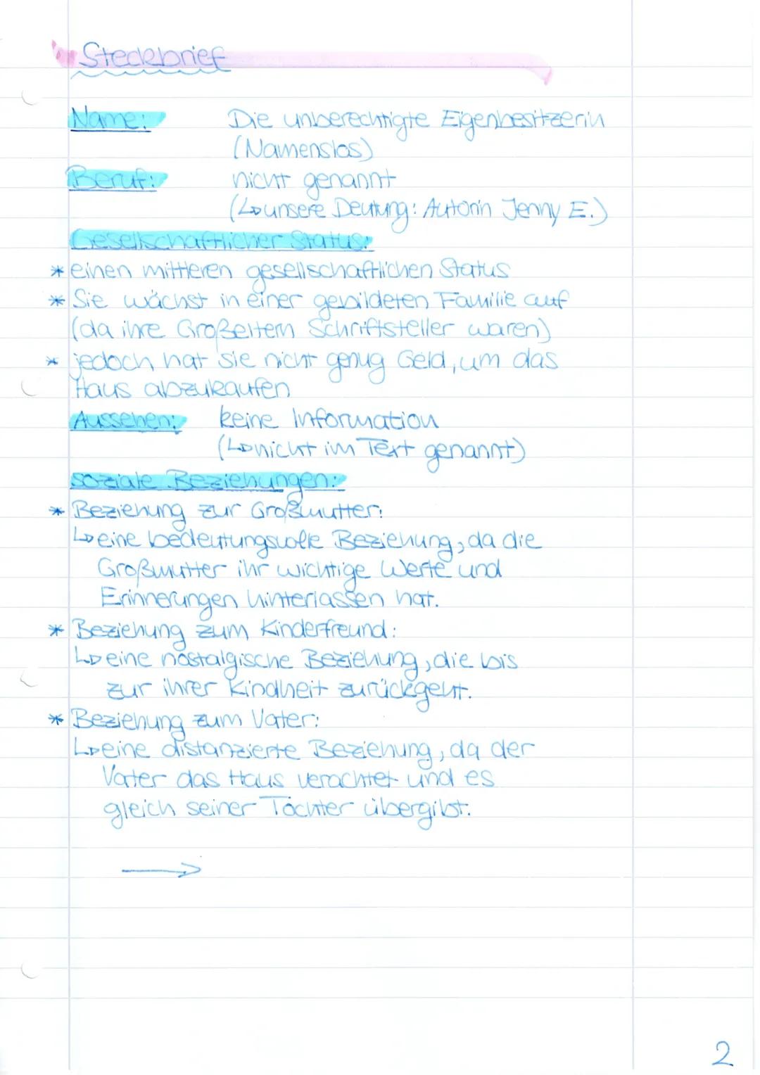 Steckbrief
Name: Die unberechtigte Eigenbesitzerin
(Namenslos)
Beruf: nicht genannt
(Unsere Deutung: Autorin Jenny E.)
Gesellschaftlicher St