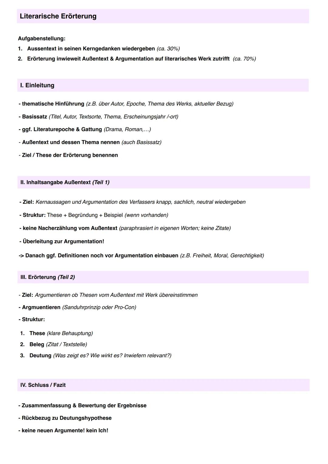 Literarische Erörterung
Aufgabenstellung:
1. Aussentext in seinen Kerngedanken wiedergeben (ca. 30%)
2. Erörterung inwieweit Außentext & Arg