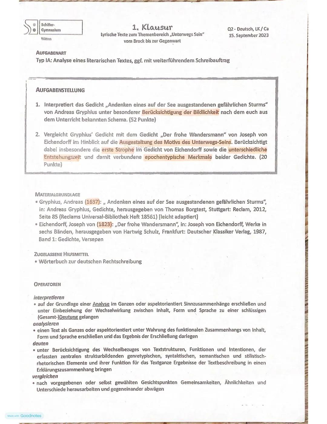 Schiller
Gymnasium
Witten
1. Klausur
Q2 - Deutsch, LK/Ca
15. September 2023
Lyrische Texte zum Themenbereich „Unterwegs Sein"
von Brock bis