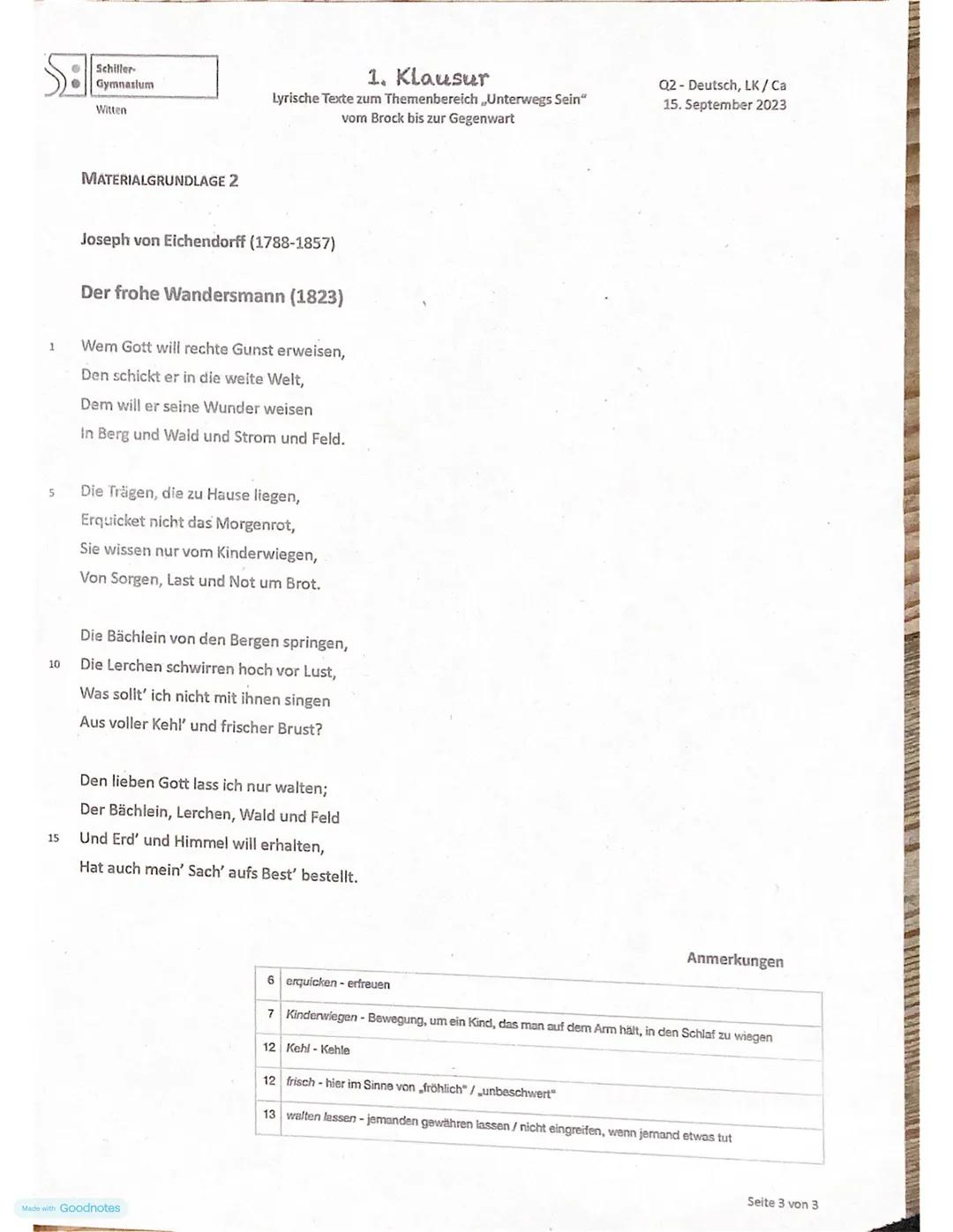 Schiller
Gymnasium
Witten
1. Klausur
Q2 - Deutsch, LK/Ca
15. September 2023
Lyrische Texte zum Themenbereich „Unterwegs Sein"
von Brock bis