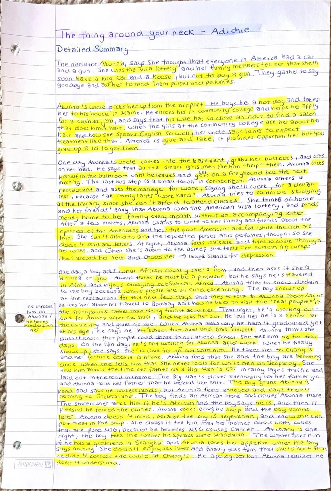 ## The Thing around your neck - Adichie
### Detailed Summary
The narrator, Akunna, says she thought that everyone in America had a car and