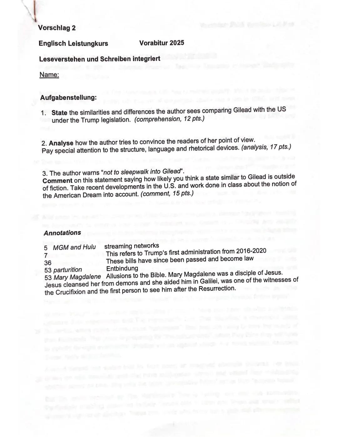 Vorschlag 1
Vorabitur 2025 Englisch Leistungskurs
Leseverstehen und Schreiben integriert
Materialgrundlage: John Lanchester: The Wall (W W.