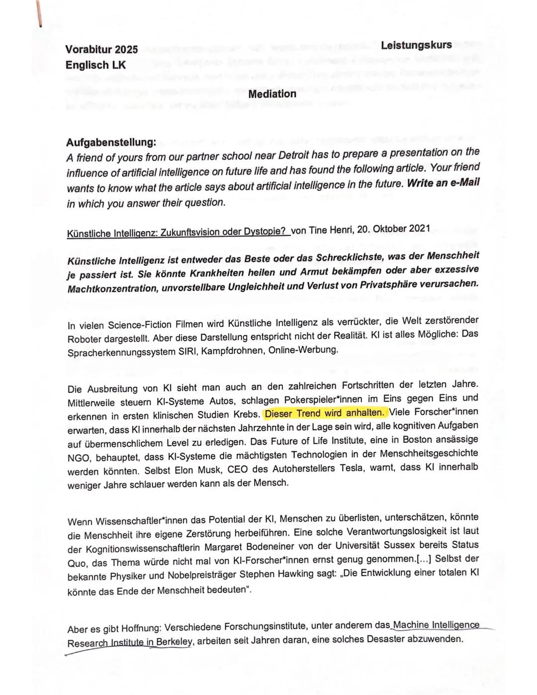 Vorschlag 1
Vorabitur 2025 Englisch Leistungskurs
Leseverstehen und Schreiben integriert
Materialgrundlage: John Lanchester: The Wall (W W.